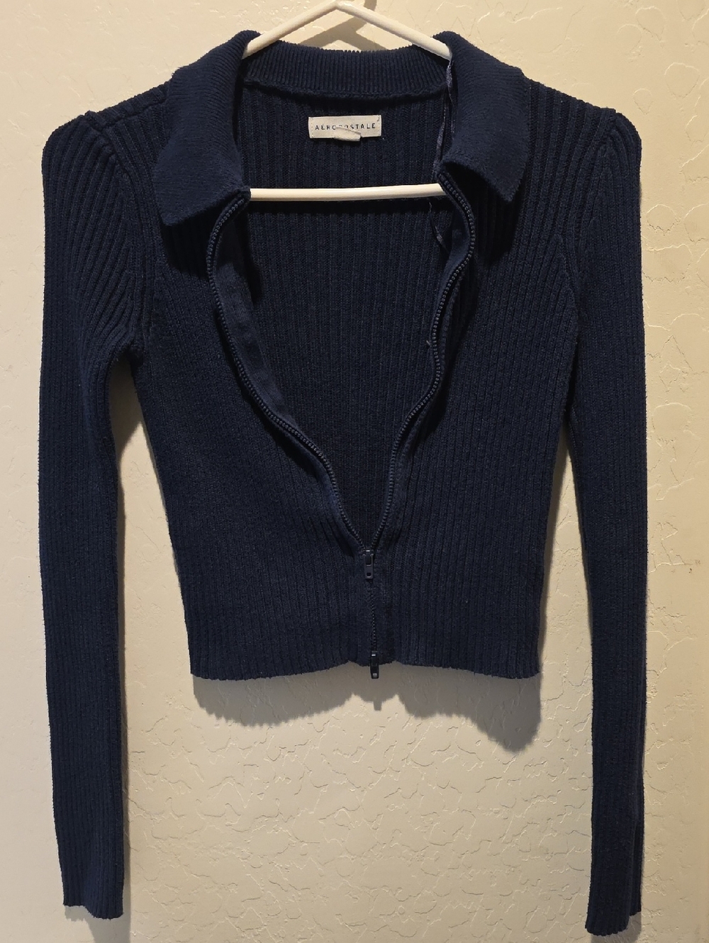Aeropostale Navy Ribbed Zip Cardigan Sweater